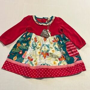 NWT-Matilda Jane-12-18m-red velvet sleeves, multicolored&patterned holiday dress